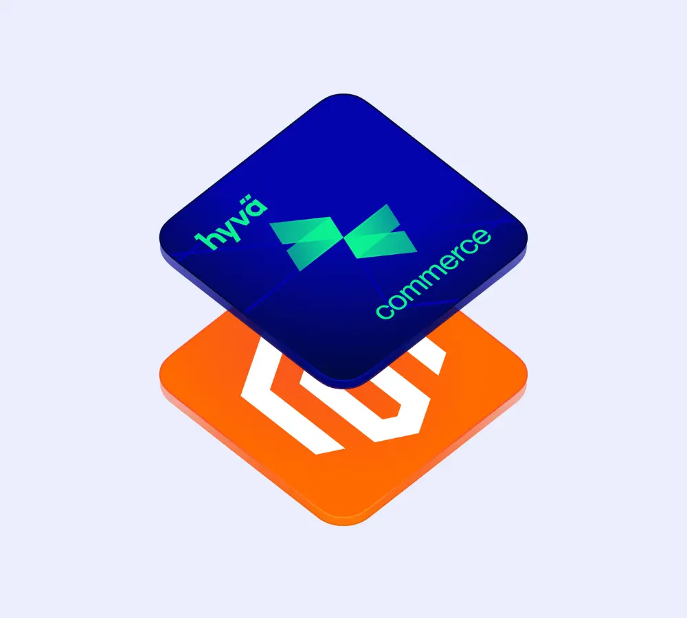 Hyvä Commerce and Magento logo tiles on purple background