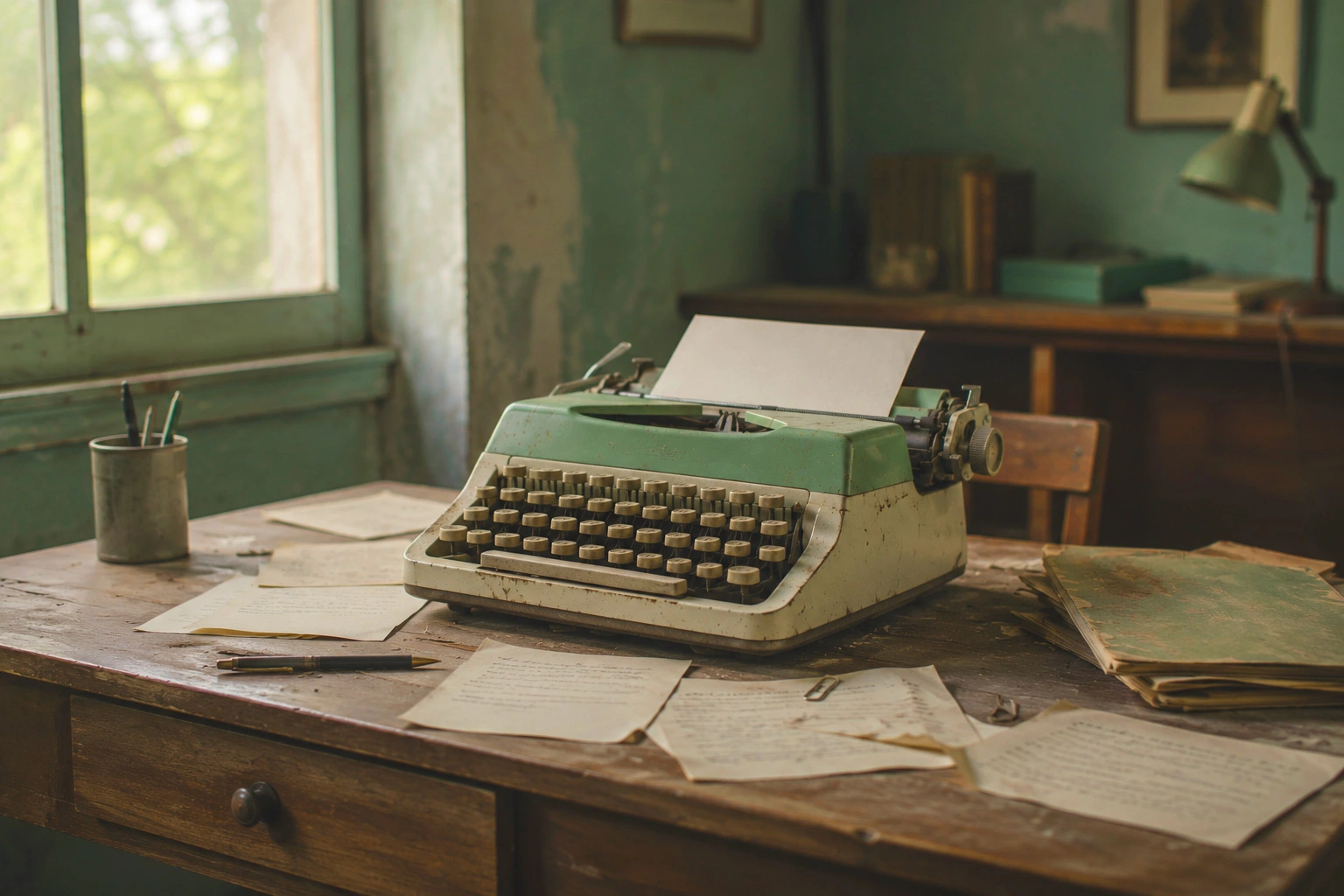 Old colored typewriter on a table