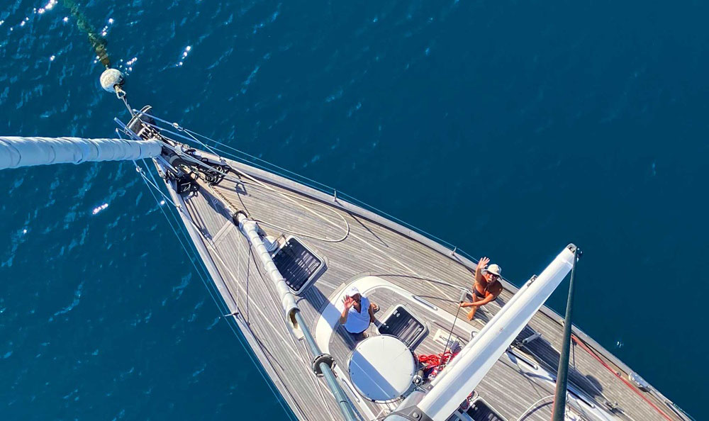 Hallberg-Rassy yacht sailing on the sea shot from above