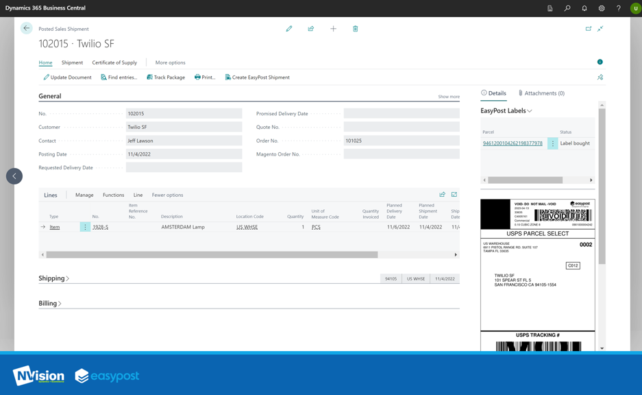 Shipping labels and tracking numbers accessible in Business Central with EasyPost integration