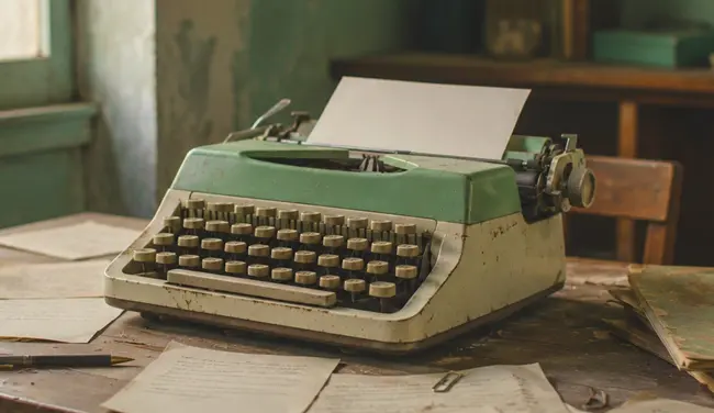 A table with an old colored typewriter