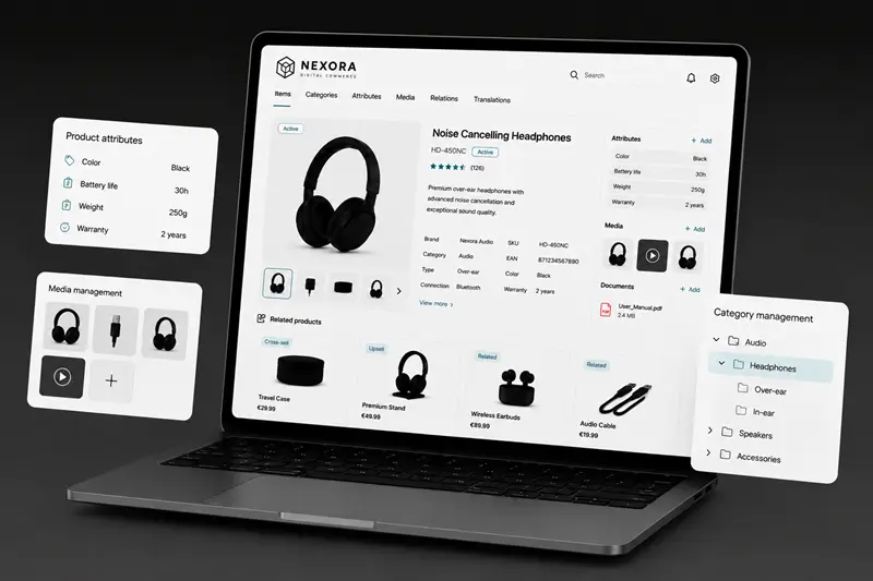 Laptop with a product page and floating fields referencing PIM functionalities