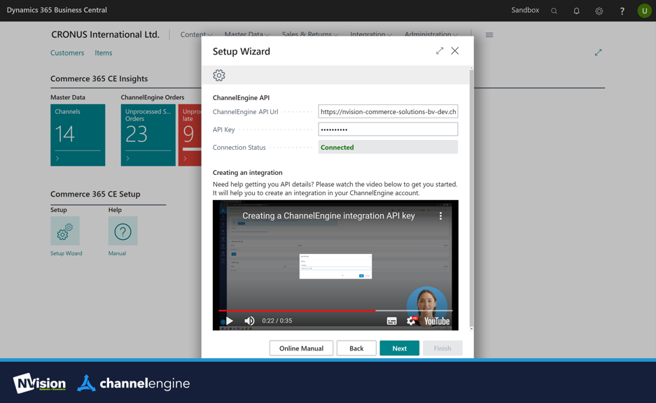 ChannelEngine setup wizard to connect with Business Central