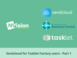 Green video thumbnail for Tasklet users part 1 with NVision logo, Sendcloud logo, Business Central logo, and Tasklet logo