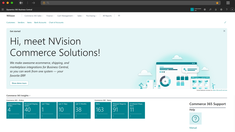 Business Central homepage with welcoming message