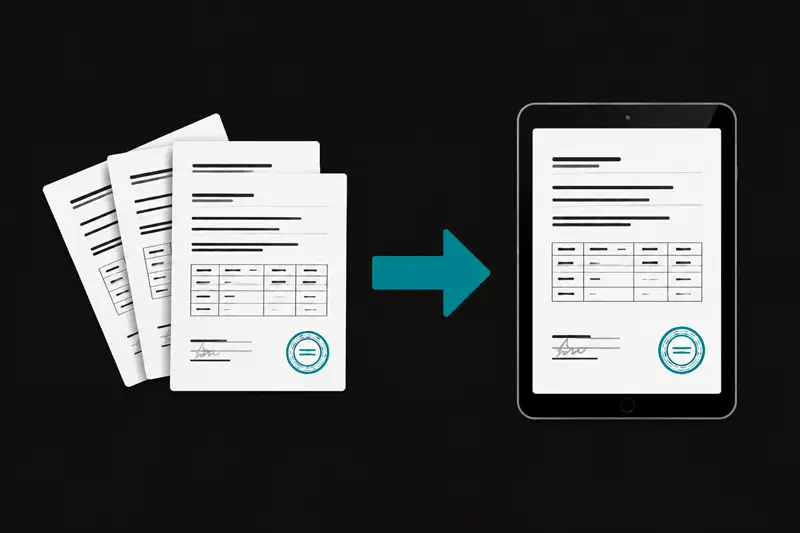 Illustration of paper documents being replaced by a digital customs solution