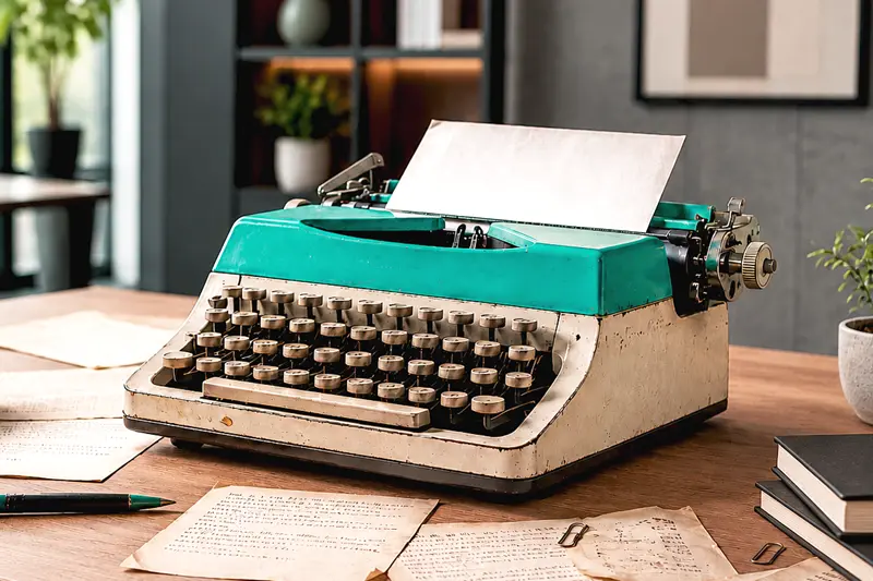 A modern desk with an old colored typewriter