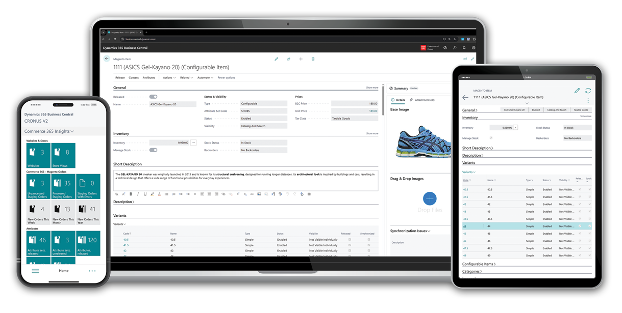 Desktop, tablet, and smartphone displaying Commerce 365 for Magento in Business Central